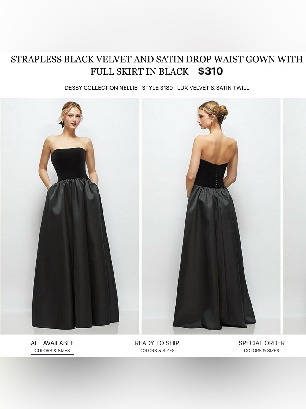 Dessy Collection Strapless Black Velvet Bodice with Black Satin Full Skirt Gown